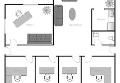 Floor plan layout featuring a break room, kitchen, and five private office suites.