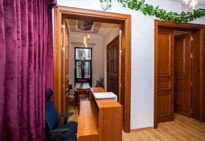 Wooden reception desk area with views into adjacent offices and lush green plant decor.
