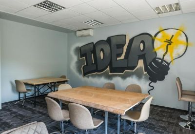 Meeting room with a large wooden table and Idea lightbulb wall mural.