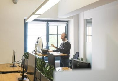 Bright office space featuring a man at a height-adjustable standing desk.