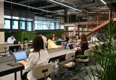 Spacious open-plan office featuring rows of grey desks and a large indoor plant.