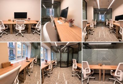 Collage showing various dedicated desk setups and private glass-walled office suites.