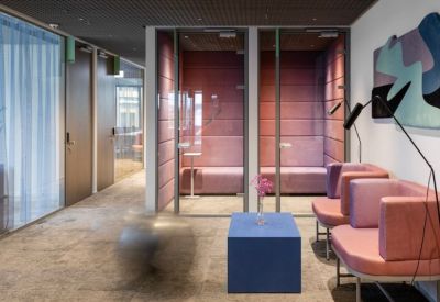 Interior lounge and soundproof phone booths at 21A, Lvivo gatvė.