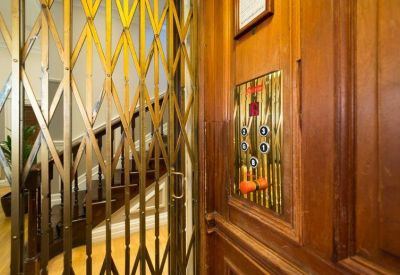 Close-up of a vintage brass elevator cage with internal controls and wooden paneling.