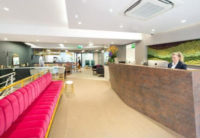 Reception area with a large textured front desk, pink velvet bench, and a vibrant green wall.