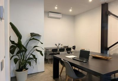 Spacious open office area with a large plant and multiple workstations.