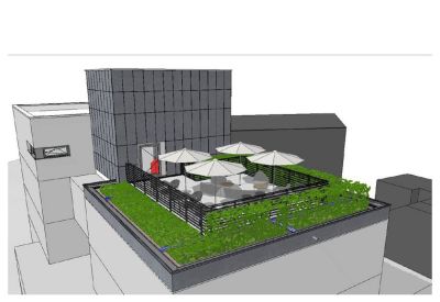 Architectural rendering of a rooftop terrace with umbrellas, seating, and green planters.