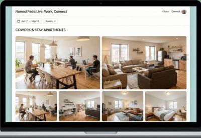 Webpage displaying various communal lounge and open-plan coworking spaces with warm wooden floors.