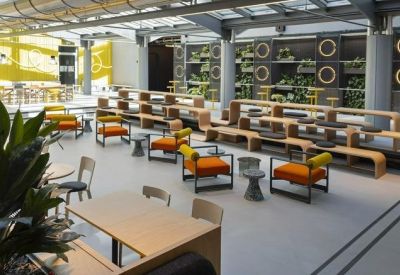 Bright breakout area with tiered wooden seating, colorful armchairs, and indoor plants.