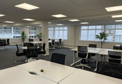 Coworking area with white desks, indoor plants, and natural light from large gridded windows.
