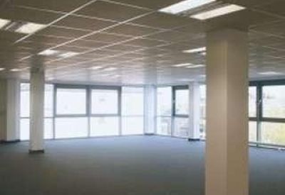 Spacious open-plan office with grid ceilings, white pillars, and large windows providing ample natural light.