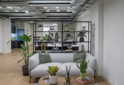 Modern lounge area with a light grey sofa, green plants, and a black shelving unit divider.