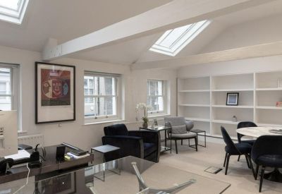 Light-filled lounge area with velvet armchairs and minimalist shelving.