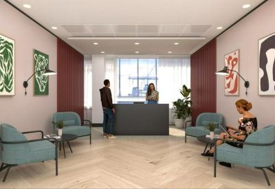 Reception area featuring teal armchairs, abstract artwork, and a dark grey front desk.