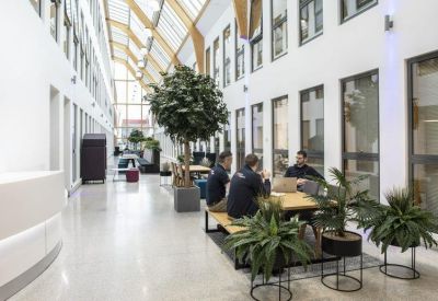 Bright, light-filled communal atrium with wooden ceiling beams and lounge seating.