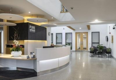 Modern reception desk with backlit panels and large plant arrangements.