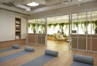 Bright yoga and wellness studio with blue mats and bolsters on a light wood floor.