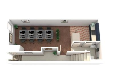 3D floor plan of an office suite with four desks, a kitchenette, and a staircase.