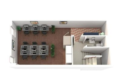3D floor plan rendering showing an open office layout with six workstations and a restroom area.
