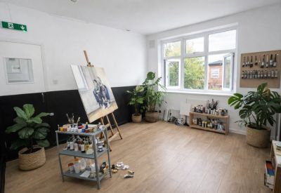 Sunlit art studio with an easel, potted plants, and painting supplies.