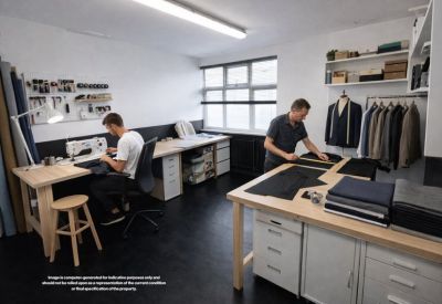 Tailoring workshop with sewing machines, garment racks, and staff working.