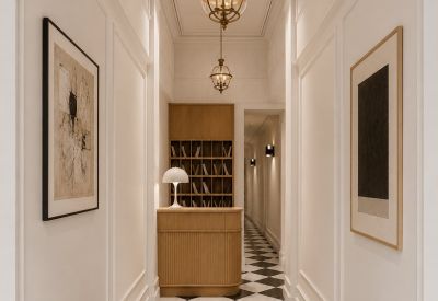 Elegant reception hallway with black and white checkered flooring and warm golden pendant lights.