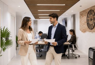 Two professionals discussing documents in a bright corridor with a brick feature wall.