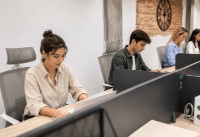 Coworking members working at modern desks with privacy dividers.