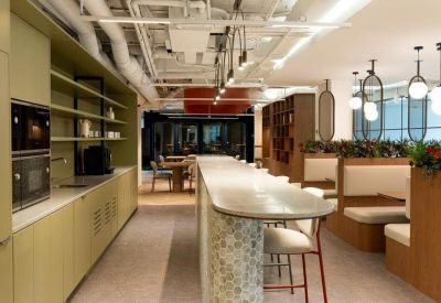 Spacious communal kitchen and dining area with sage green cabinetry and high-top counters.