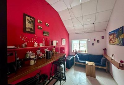 Brightly lit kitchen area with a wooden breakfast bar, red feature wall, and a blue sofa.