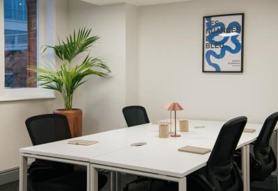 Modern meeting room with white desks, black chairs, and a potted palm plant.