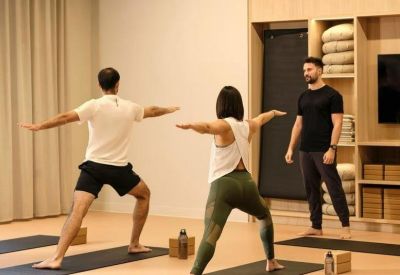 Light-filled wellness studio with people practicing yoga on mats.