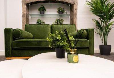 Lounge area featuring a plush green sofa, white coffee table, and various indoor plants.