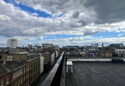 Roof terrace with wooden decking and panoramic views of the London city skyline.