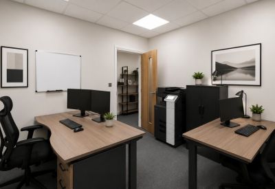 Private two-desk office with large windows and a tall black storage cabinet.