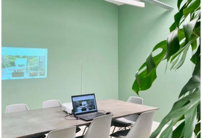 Bright green-walled meeting room with a large table and hanging greenery.