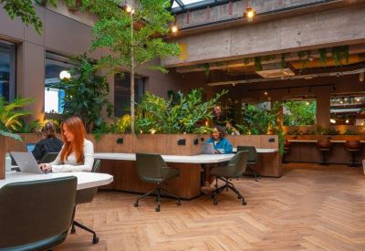 Lush coworking lounge with herringbone floors, potted trees, and group workstations.