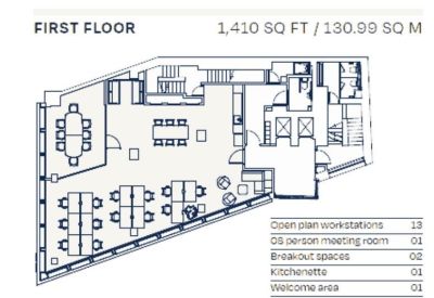 Floor plan diagram for the first floor showing workstations and meeting rooms.