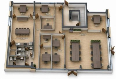 3D floor plan showing various office layouts, meeting rooms, and a central staircase.