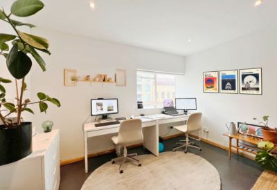 Compact two-person home office setup with white desks and a large houseplant.