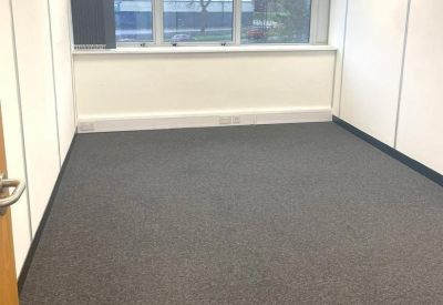 Bright private office suite with grey carpet and a large window overlooking trees.