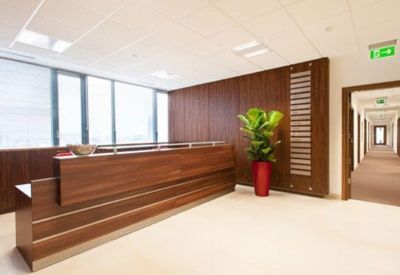 Minimalist reception area with a long wood-paneled desk, warm lighting, and a vibrant green plant.