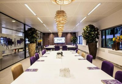 Large boardroom featuring a long white table, purple chairs, and decorative woven pendant lights.