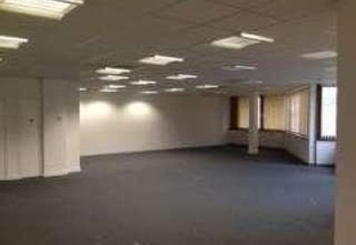 Bright, empty office suite featuring large windows with vertical blinds.