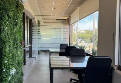Narrow coworking corridor featuring a lush green moss wall and glass partitions.