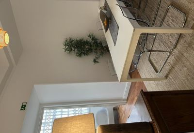 Dining or breakout area with a white table, modern wire chairs, and a tall indoor plant.