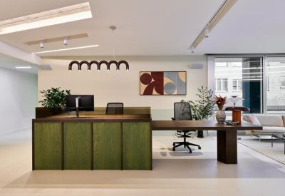 Professional reception area with a green wooden desk and abstract wall art.