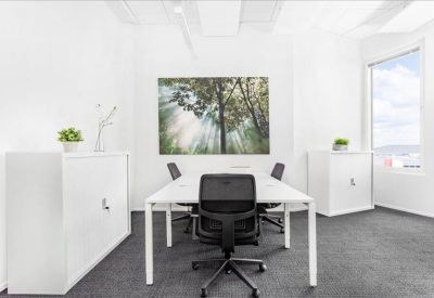 Bright private office with white desks and a large nature wall mural.