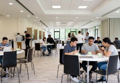 Bright communal dining and cafe area with people seated at round white tables.