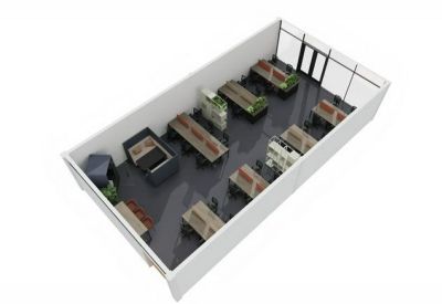 3D visualization of a spacious office suite with large windows.